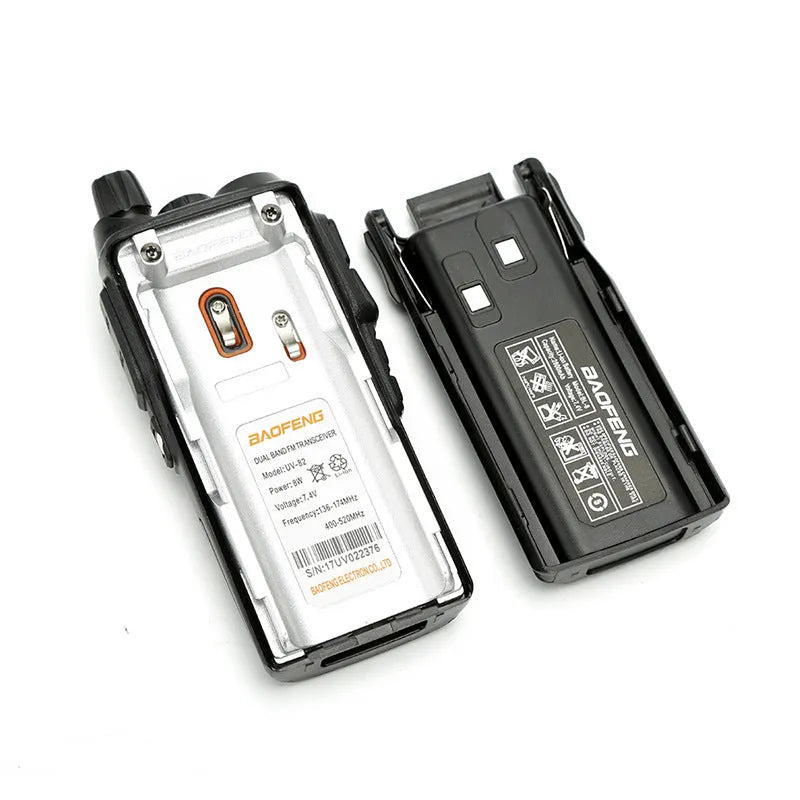 BF-UV82 8W walkie talkie in black with antenna and belt clip on a table