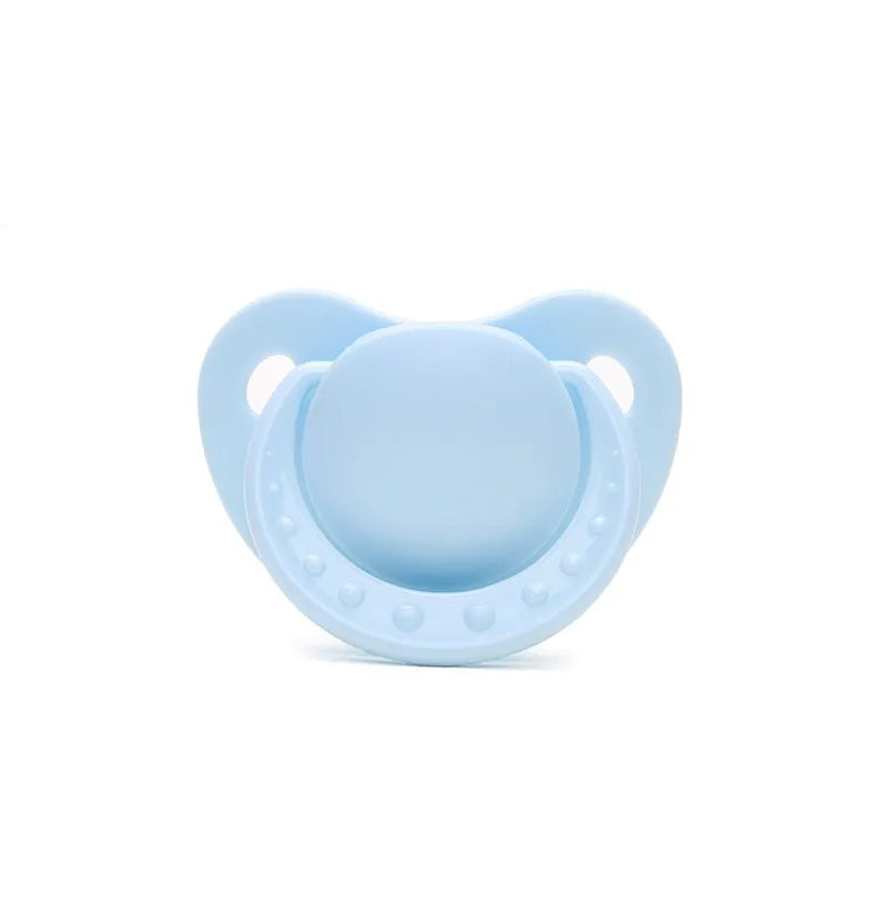 Soft silicone baby pacifier in beige on white background, size S, box packaging