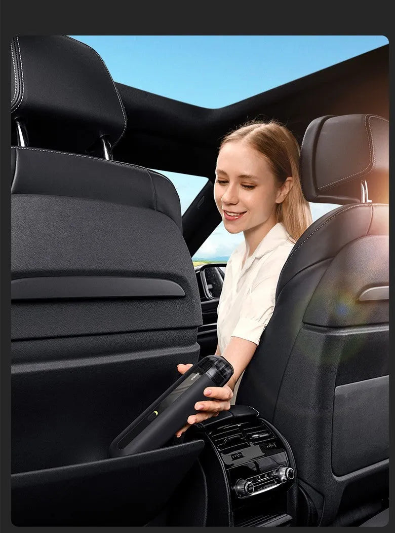 BASEUS wireless handheld car vacuum cleaner in black, white, or green with blowing hose.