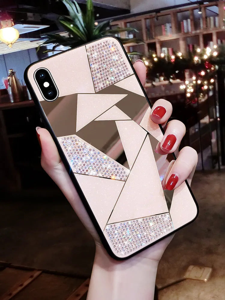 Rhinestone diamond mirror silicone phone case for Apple iPhone in gold or white