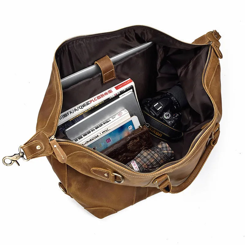 Genuine cowhide leather large capacity luggage bag in light brown with zipper closure and top handles