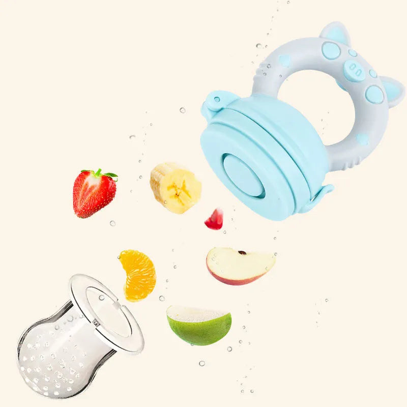 Silicone baby teether with textured chewing surfaces in blue, green and pink colour options