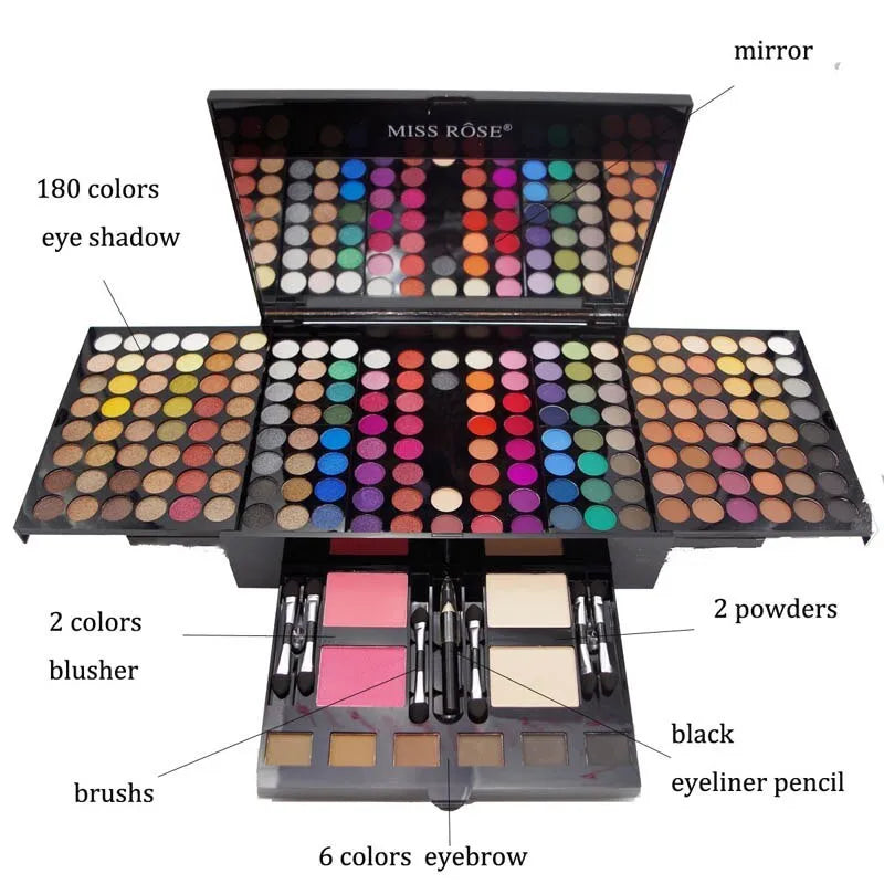 Piano-shaped makeup palette open to show 190 colour pans including eyeshadows, blushes, and powders.