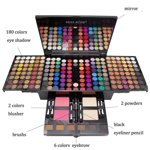 Piano-shaped makeup palette open to show 190 colour pans including eyeshadows, blushes, and powders.