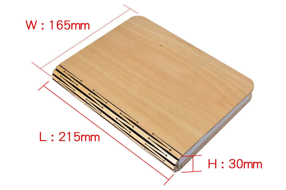 LED folding book light with wooden cover, USB rechargeable, 215 x 165 x 30mm, walnut or white maple