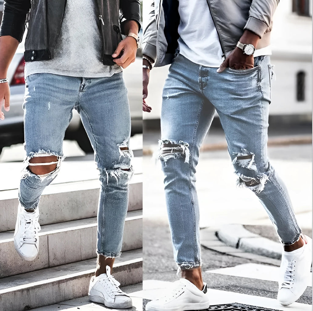 New Ripped Skinny Jeans for mens streetwear blue cotton denim distressed fit