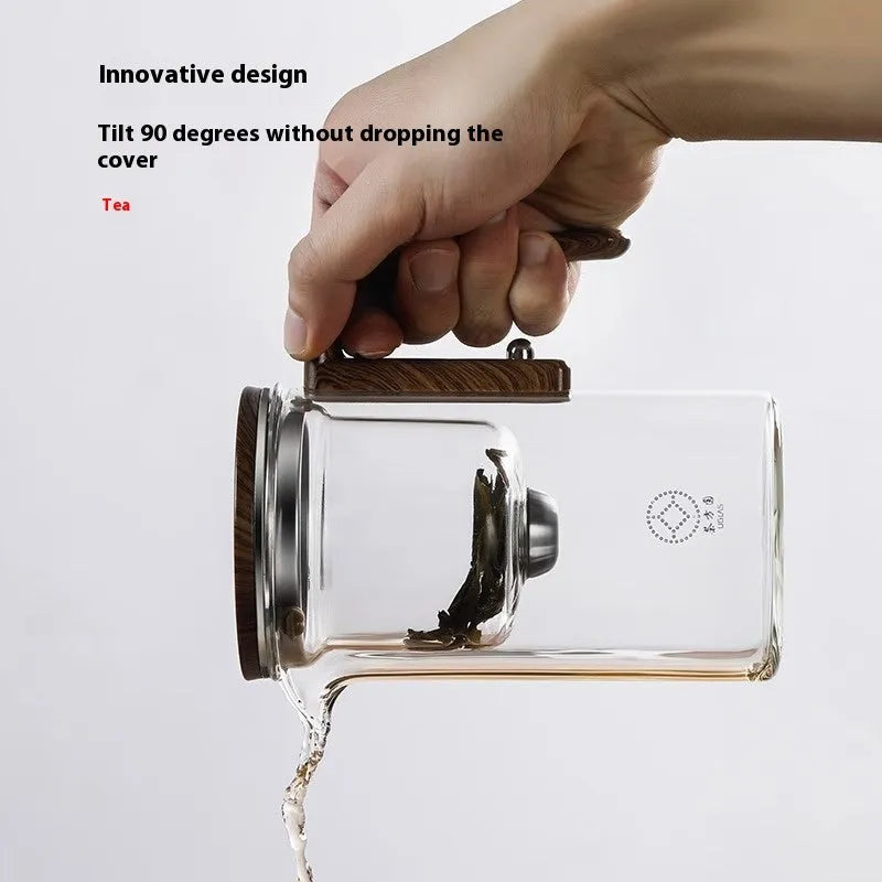 Glass teapot with wooden handle showing magnetic separation inner container and drip-free spout.