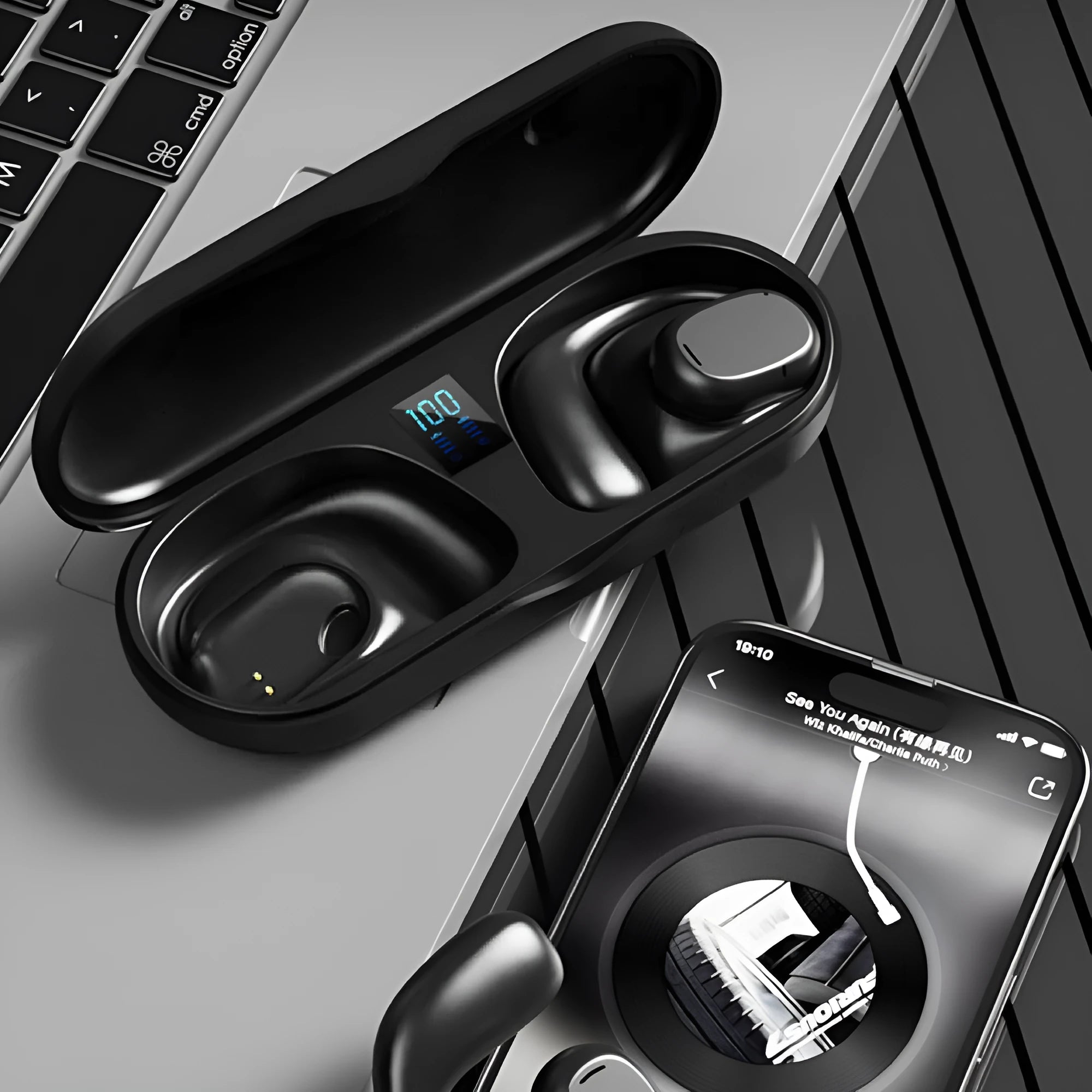 Wireless sports headphones with digital display charging case in black, hanging ear style