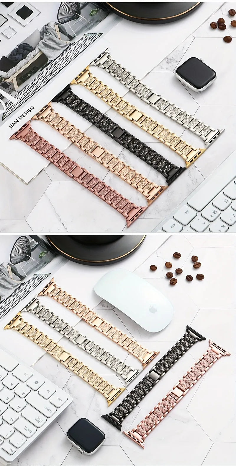 Metal diamond-encrusted watch band in rose gold colour with sparkling links