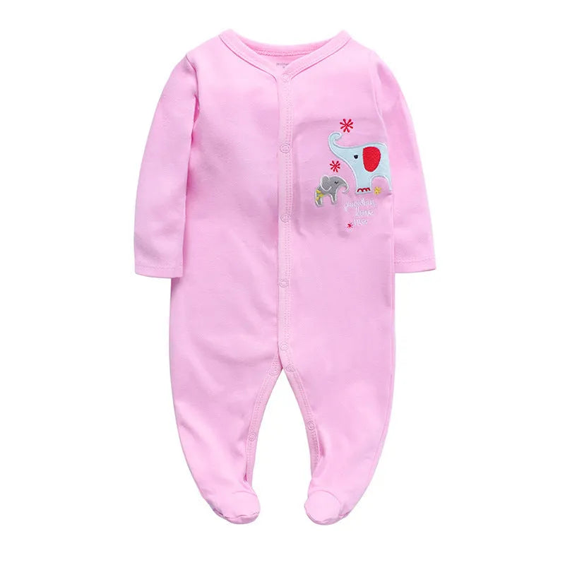 Cotton baby one-piece romper in a dinosaur print style for infants, showing size options from 3 to 12 months.