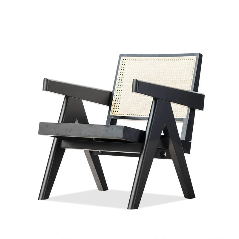 Mid-ancient solid wood rattan leisure chair in ash black finish for balcony or living room