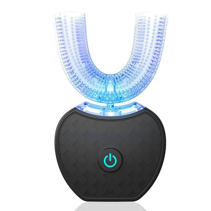 360 degree U-shaped electric toothbrush with blue light, food grade silicone bristles, and USB charging cable