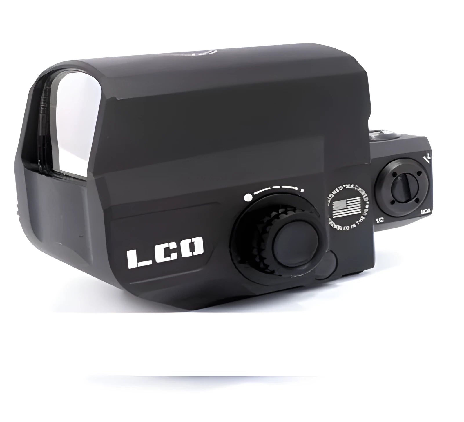 LCO aluminium alloy red dot reflex sight with 20mm rail mount on a black background
