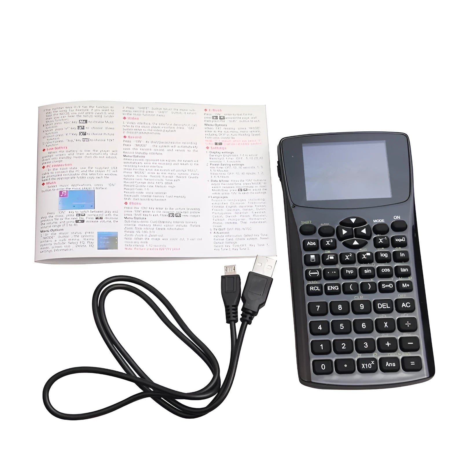Black multifunctional e-book reader with 2.8cm screen showing multilingual interface and adjustable wrist strap