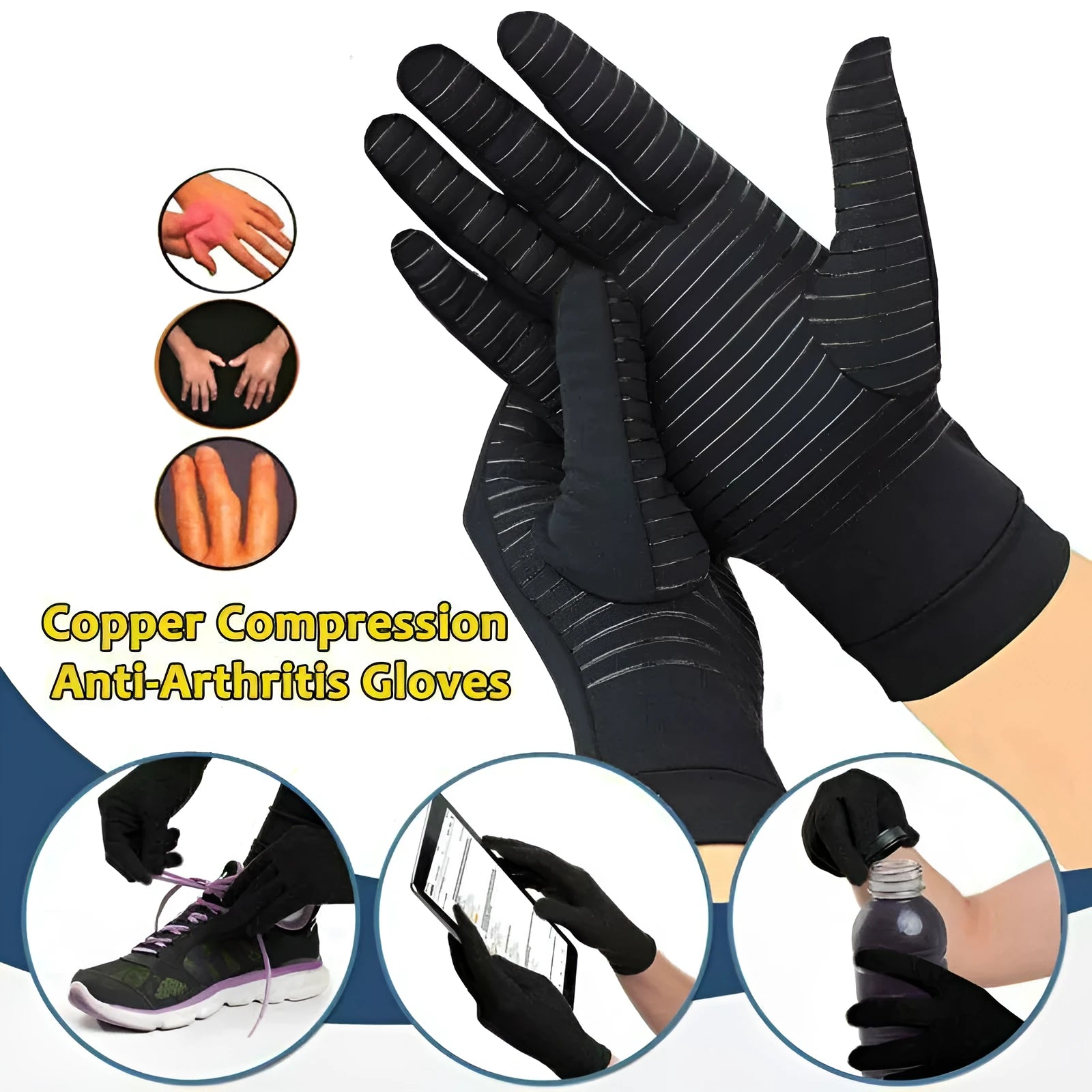 Black copper fibre compression gloves for arthritis, full finger style, showing stretch fabric and textured palm