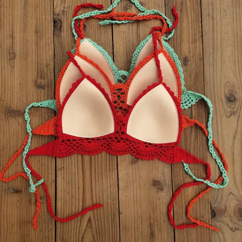 Womens boho crochet bra backless retro polka dot cotton blend chest pad no steel support