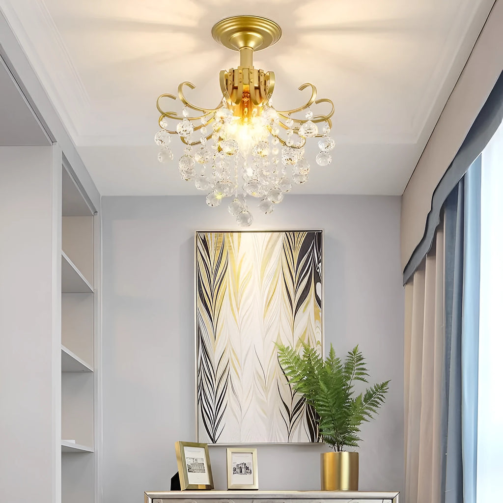 European light luxury small American restaurant crystal chandelier, glass and iron, 33cm diameter, A style gold finish