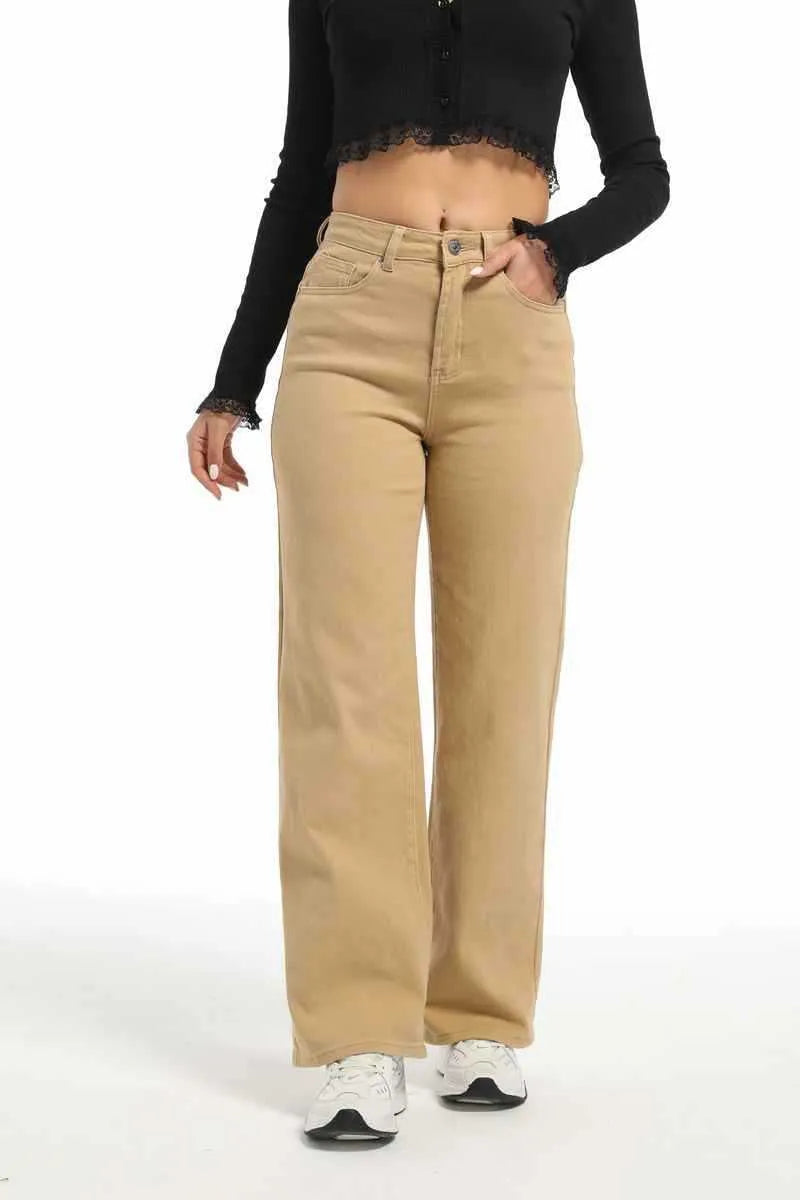 Women's high-waist straight wide-leg jeans in apricot colour on a hanger.