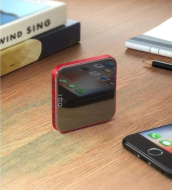 Ultra-thin mirror mini charging power bank with LCD display and alloy shell in black