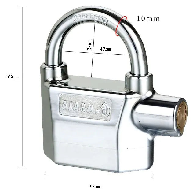 Waterproof siren alarm padlock 175x10x135mm in silver and bronze colours with shackle rotated for mode selection