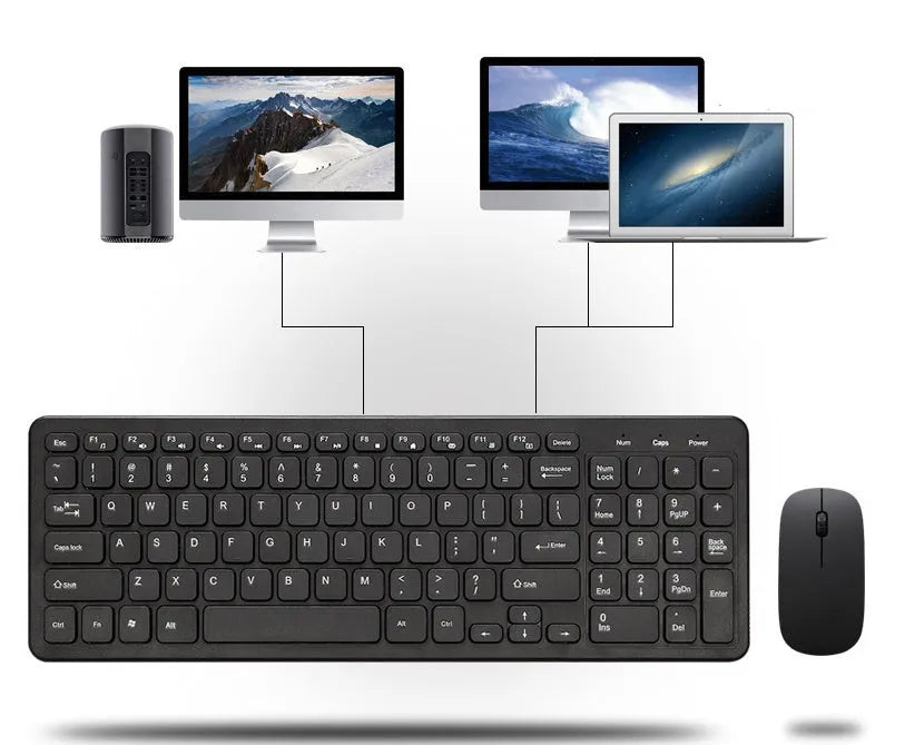 Wireless keyboard and mouse set in blue colour showing compact keyboard and mouse with USB receiver.