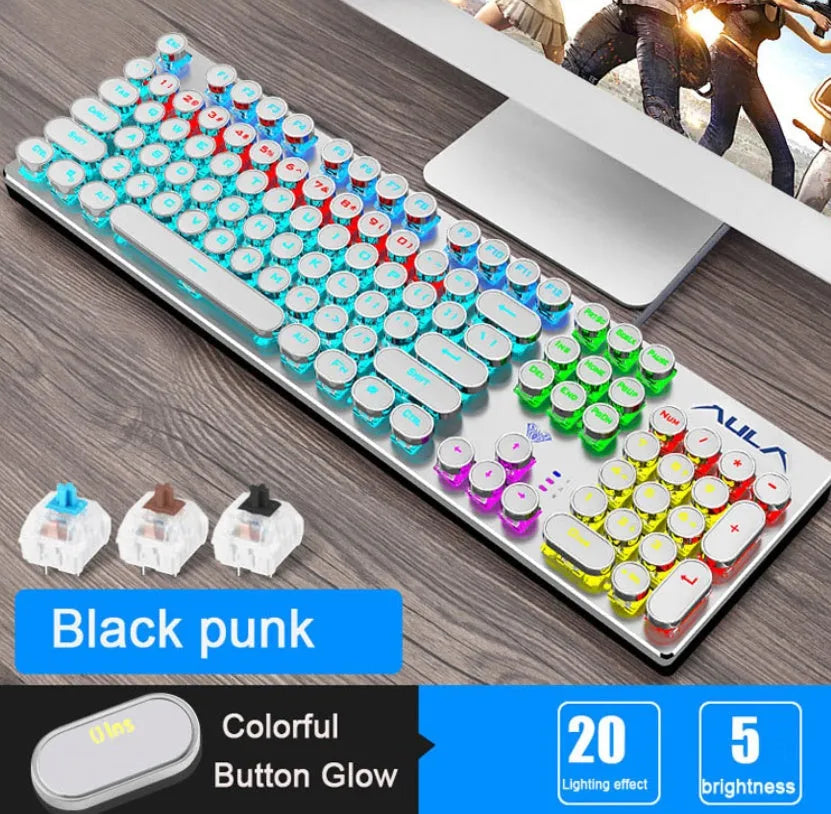 Steampunk gaming mechanical keyboard with metal panel, electroplated keycaps, wired USB cable, black blue colour