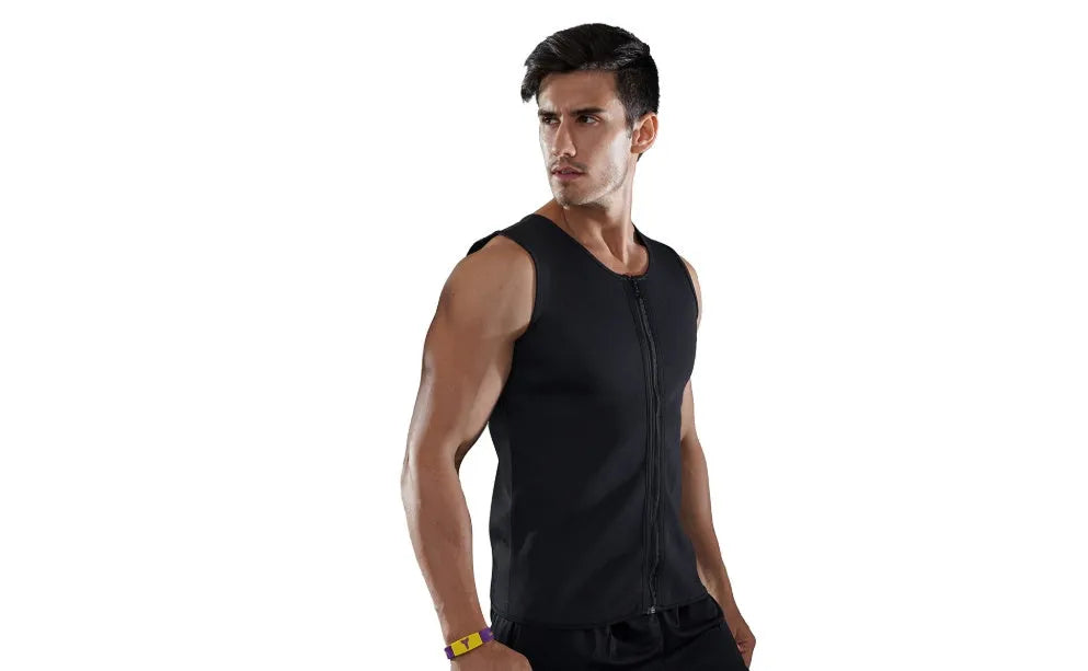Black fitness sweat zipper vest with full zip front, chlorofibre nylon blend