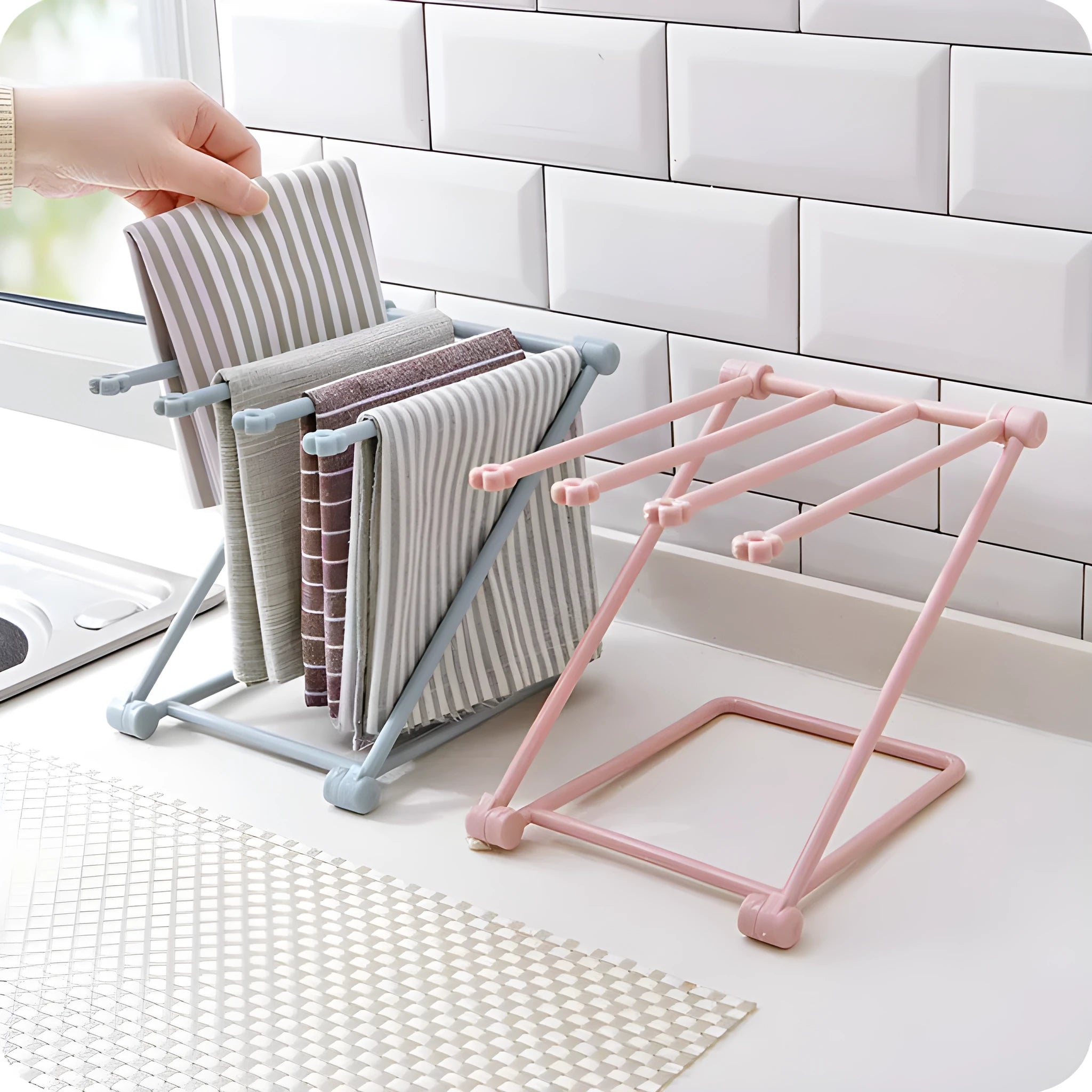 Foldable plastic kitchen towel rack in Nordic colours with punch-free installation