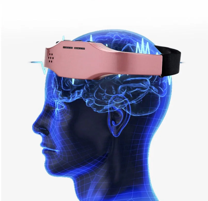 Wireless head massager in black with adjustable fasteners and electrode pads