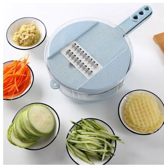 8-in-1 mandoline slicer with stainless steel blades, container, drain basket, and hand protector in blue