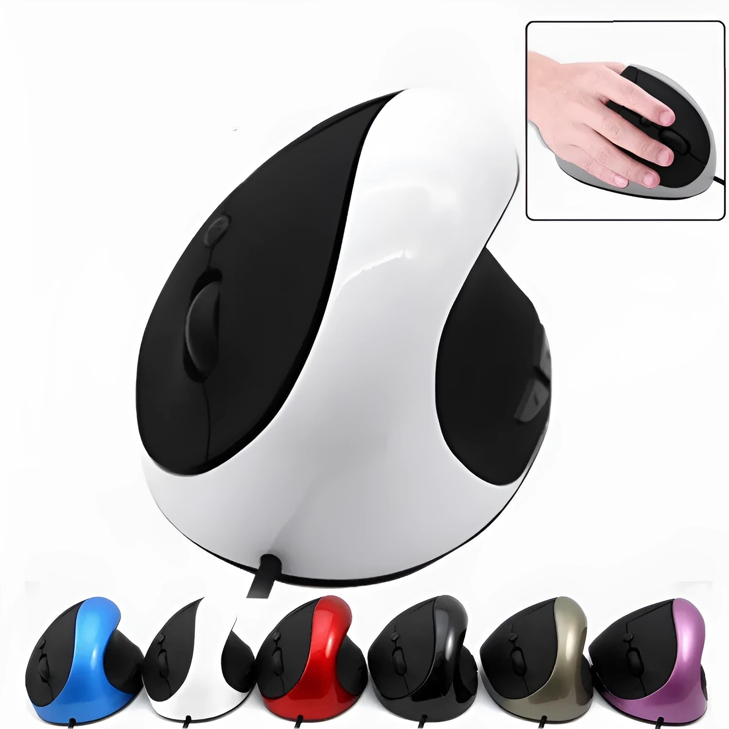 Black vertical ergonomic wired computer mouse with six buttons on a desk