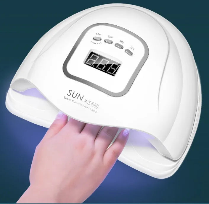 White ABS plastic nail curing lamp with dual UV and LED lights and timer buttons.