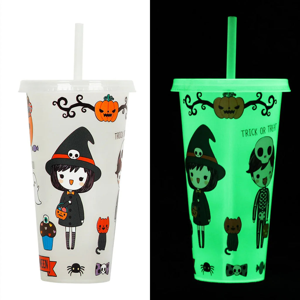 720ml Halloween-themed luminous plastic straw cup with colourful design