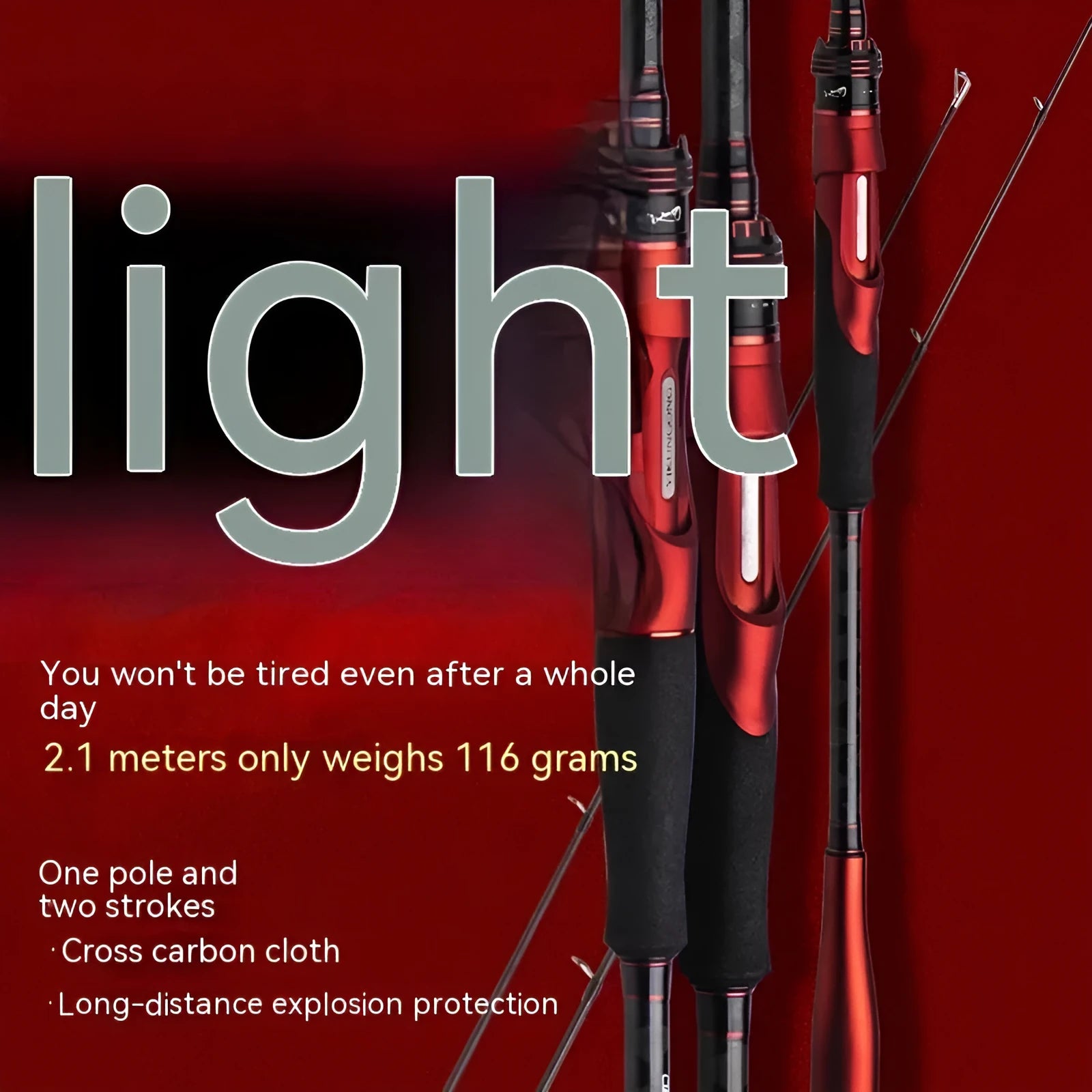 Carbon ultralight fishing rod shown with straight handle and pikestaff handle options, lengths 2.1m and 2.4m.