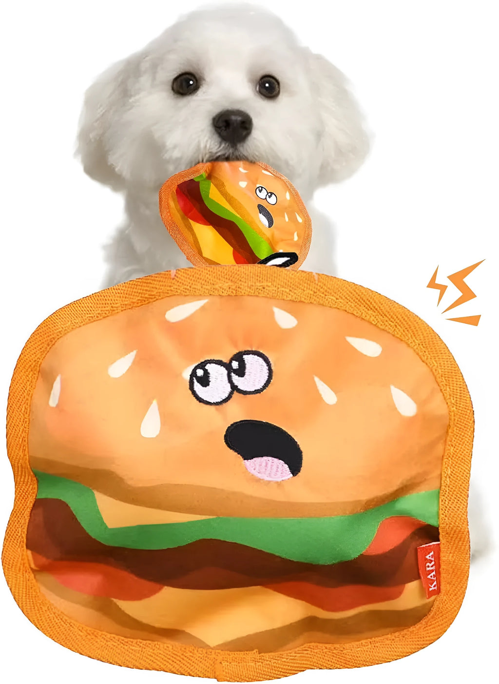 Food-shaped dog toys including hamburger, fries, hot dog and pizza designs with crinkle and squeak features