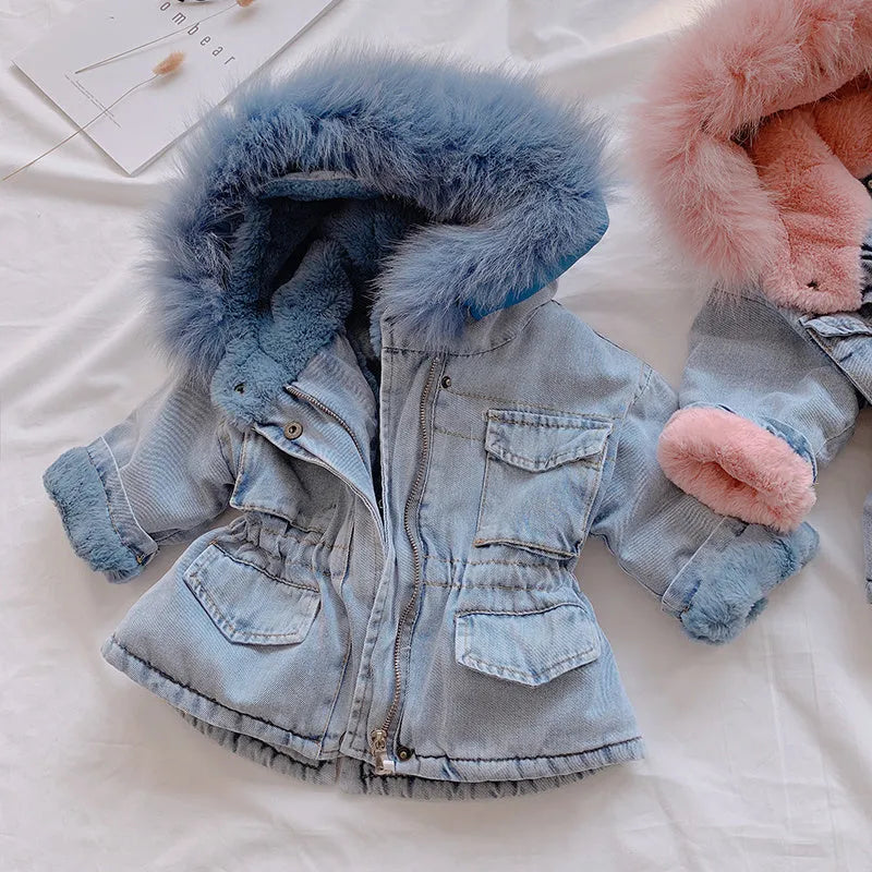 Blue denim coat for a young girl with a fleece lining and a non-removable hood.