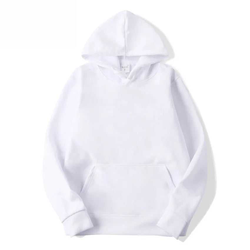 White cotton blend pullover hoodie with hood and long sleeves on hanger