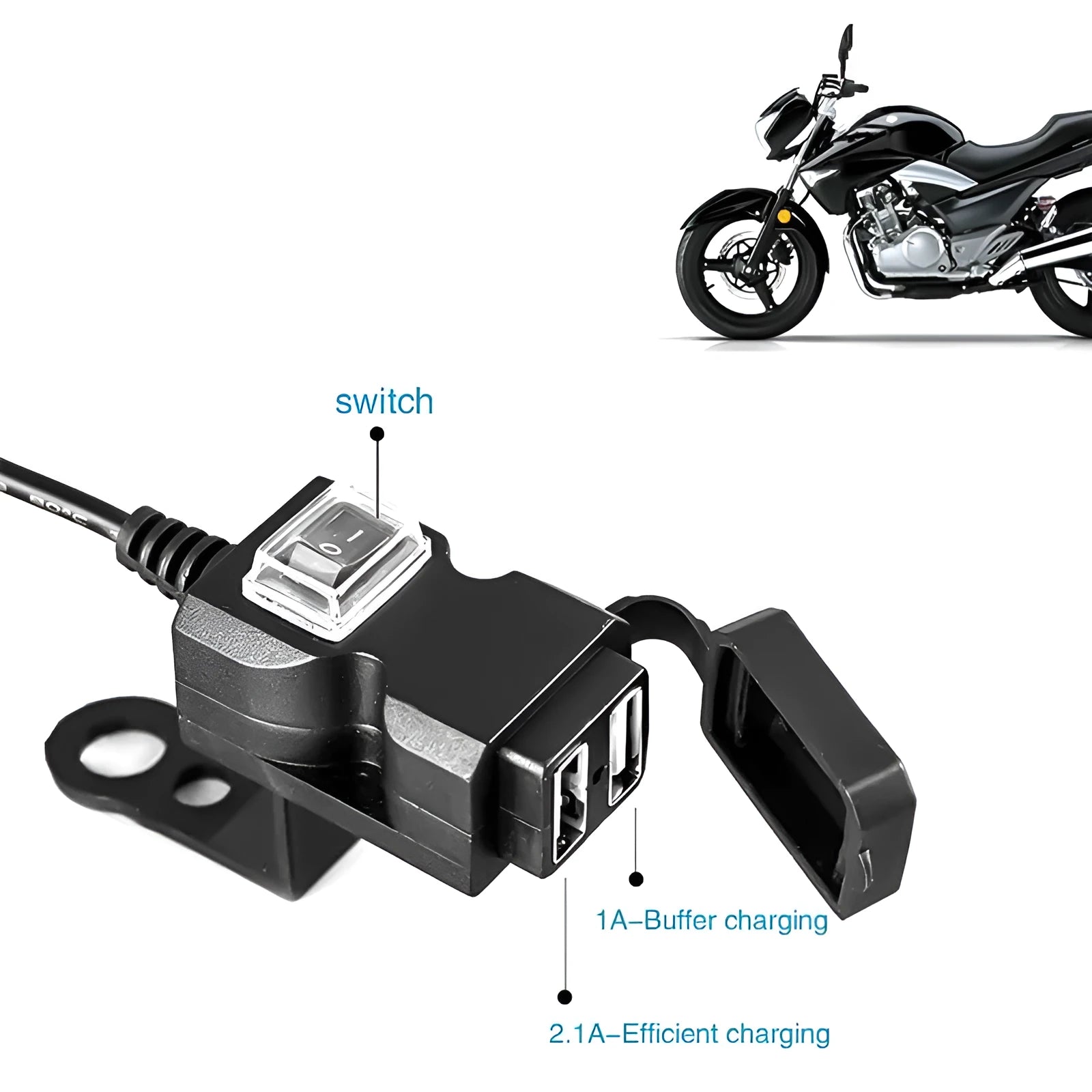 Waterproof dual USB 12V motorcycle handlebar charger with two USB ports for mobile phone and GPS charging
