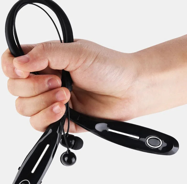 Black Bluetooth 5.0 neck-mounted stereo magnetic sports headphones with power display and call function