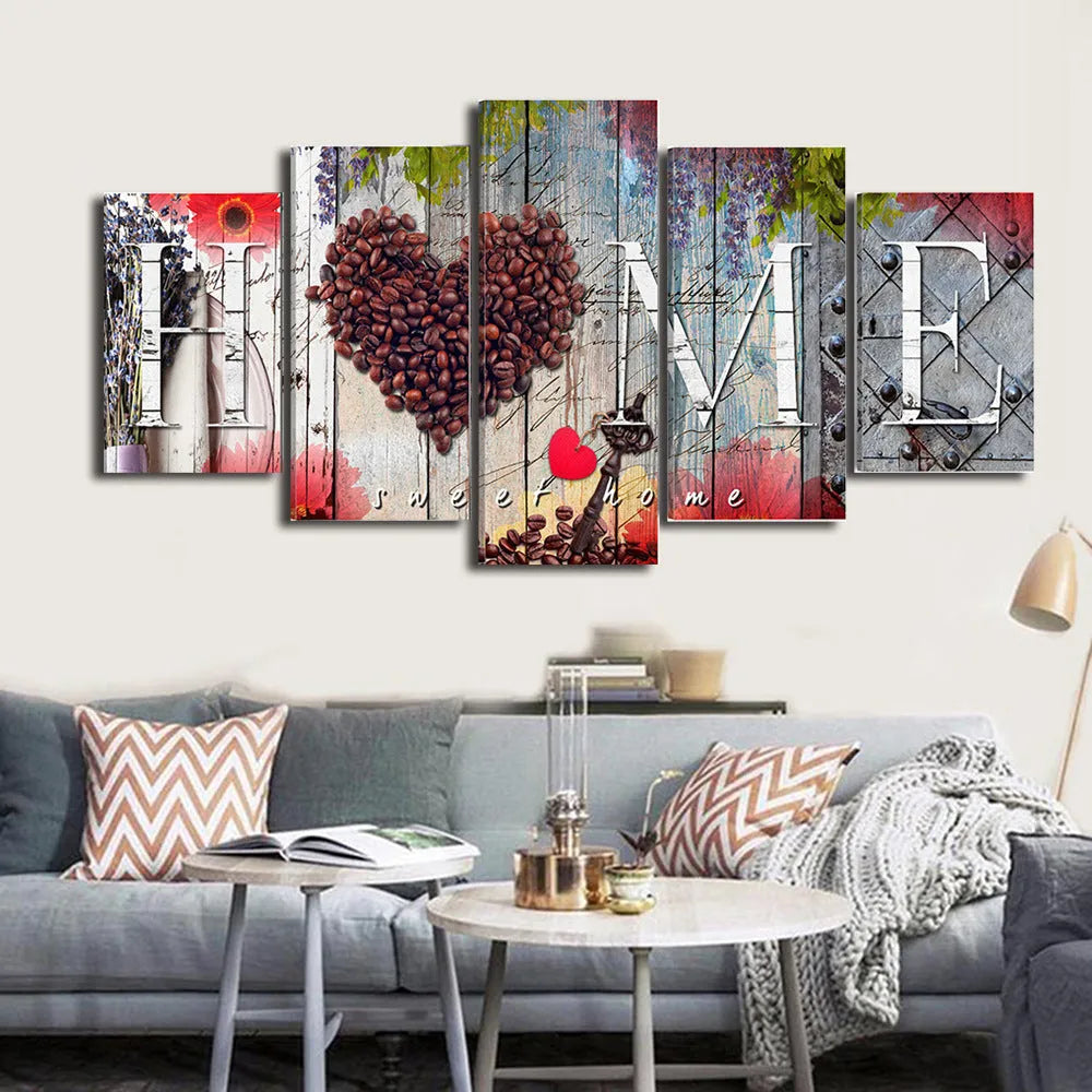 Set of five red oil painting home sweet home decoration boards in different sizes