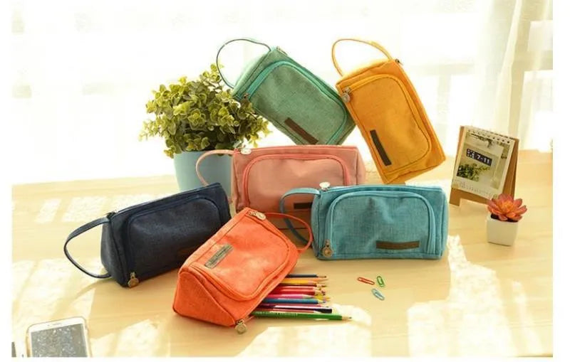 Square canvas pencil case with striped pattern, Korean style, in one of 15 colours