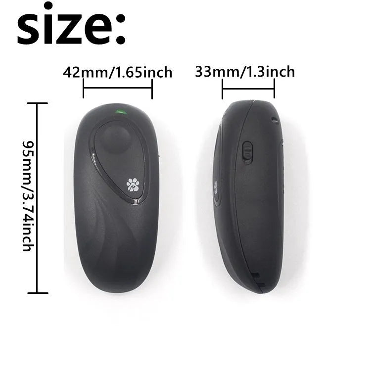 Handheld ultrasonic dog repeller in black, ABS material, with transmit button and frequency dial