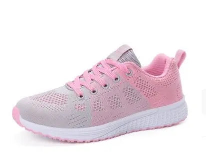 Women's breathable mesh flat heel sports shoes available in black, pink, and rose red colours