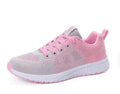 Women's breathable mesh flat heel sports shoes available in black, pink, and rose red colours