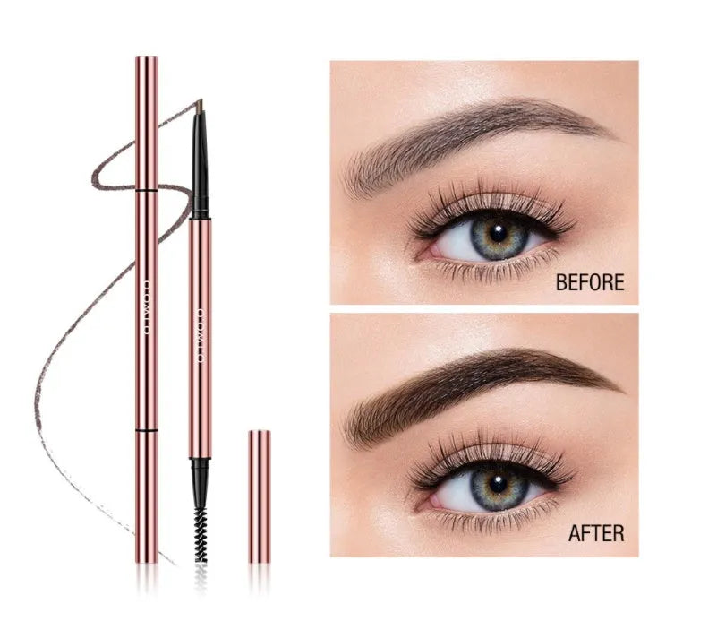 Slim eyebrow pencil in colour box with auburn, blonde, caramel, dark brown, soft brown, taupe shades.