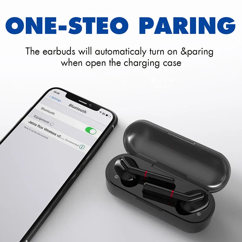 Black and white VV1 true wireless Bluetooth earphones with compact charging case