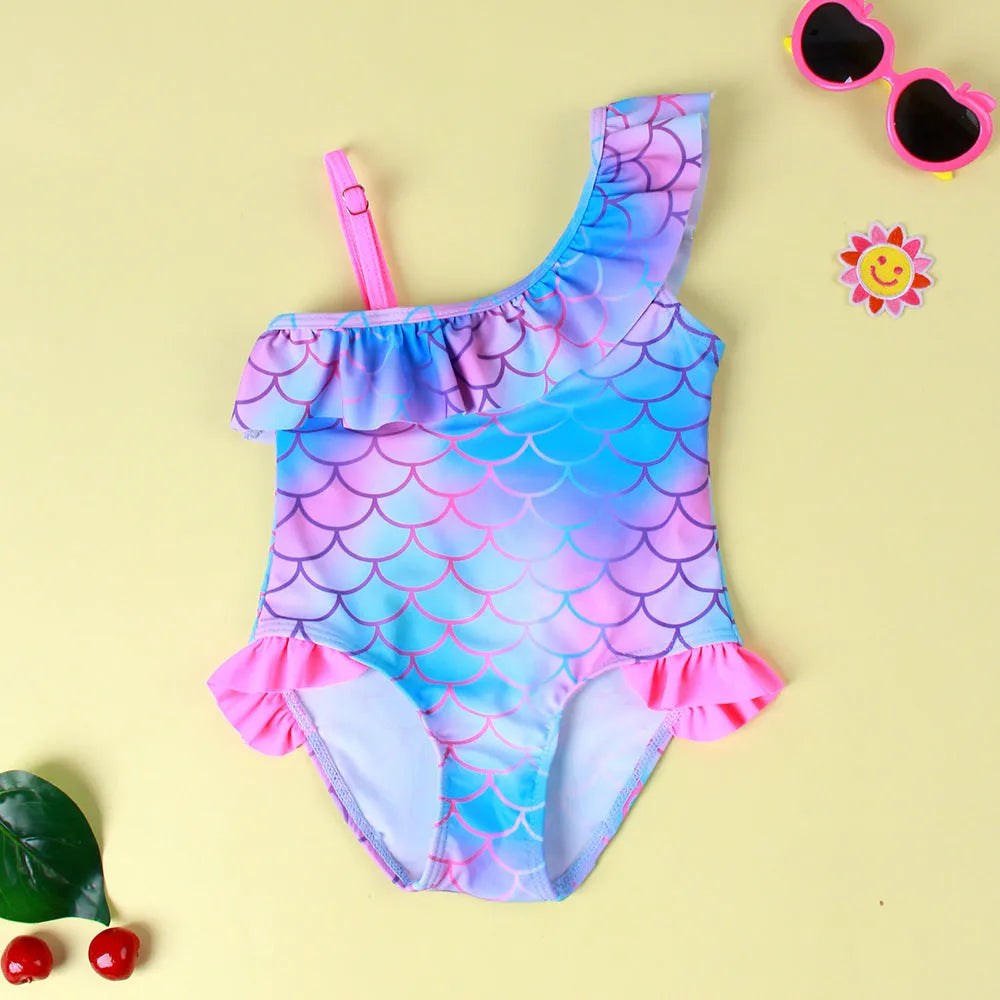 Girls' scale printed flounced gradient one-piece nylon swimsuit in Pattern 3, sizes 90-130