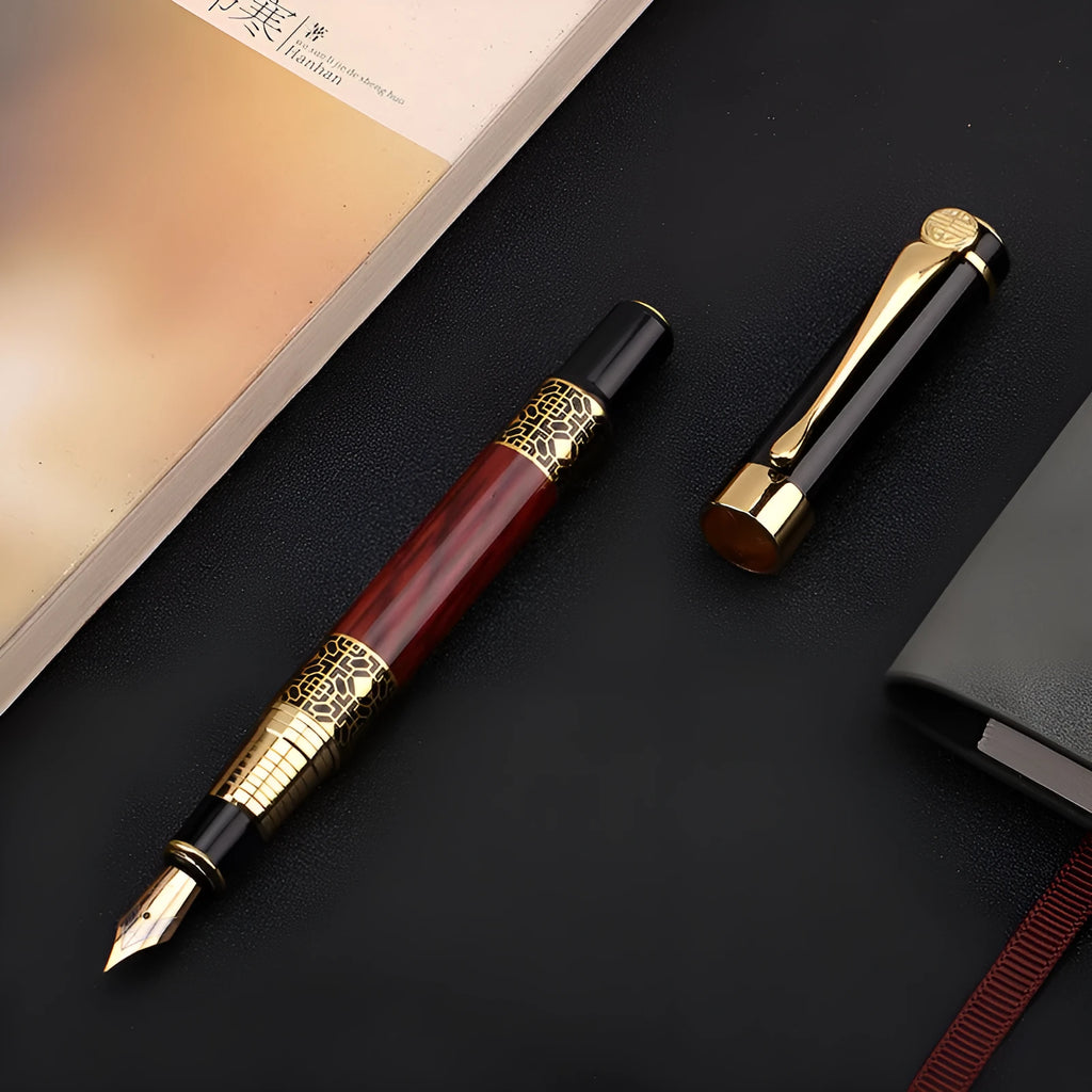 Imitation mahogany metal fountain pen with wood grain finish and 0.5mm tip