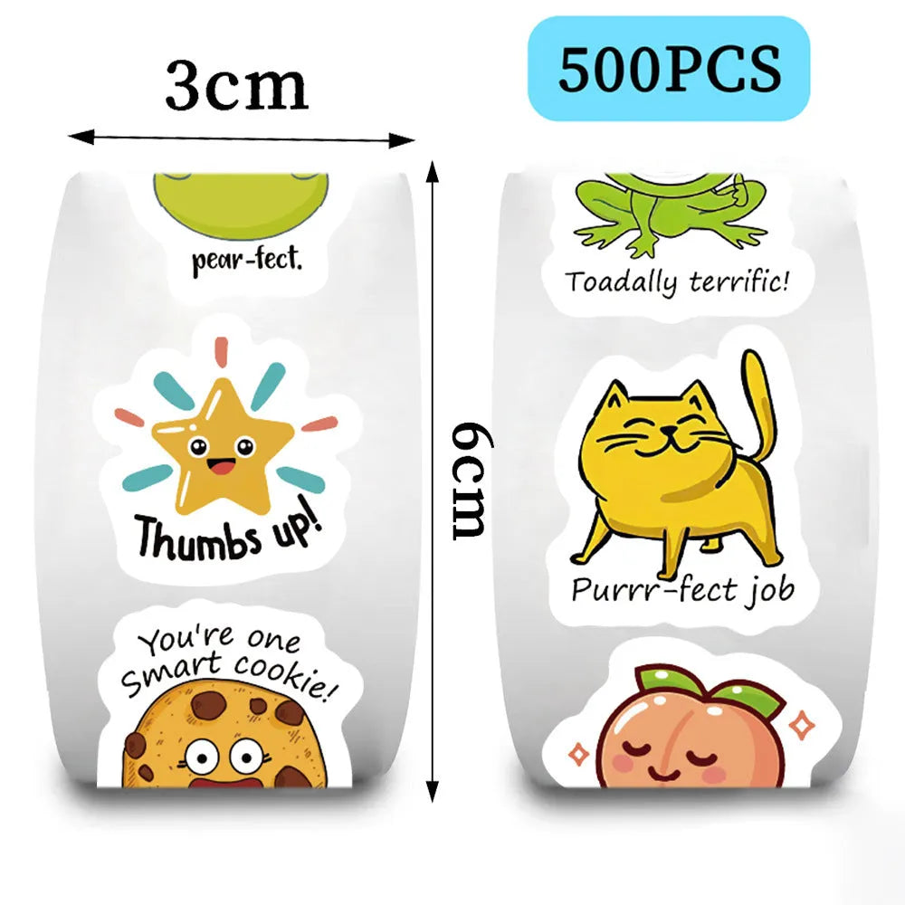 Roll of white DIY children's toy stickers, 500 sheets, 3cm thickness, 3-6cm sizes, cute printed style