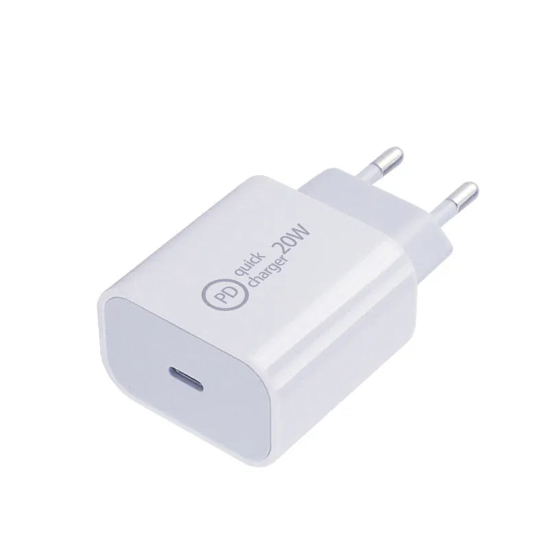 Type-C PD20W fast charging head with USB-C connector and white casing, available in multiple plug standards